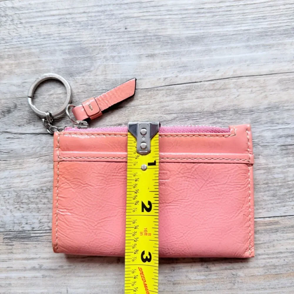 Coach Wallet Patent Leather Skinny Card Case Zip Keychain Coral Pink Coin Pouch